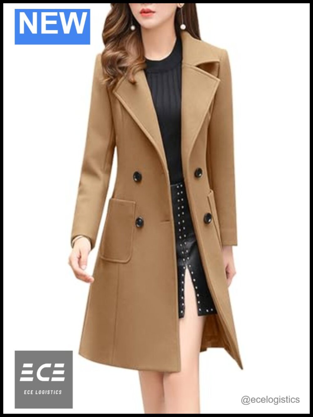Wool Blend Pea Coat Notched Collar Double Breasted Overcoat
